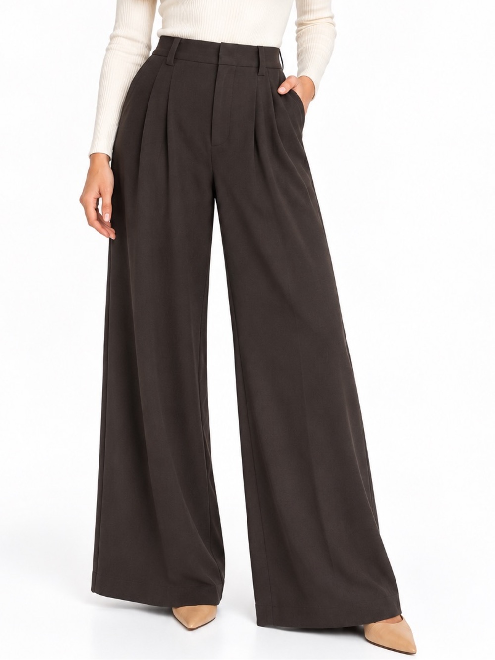 NWT Halara Dark Espresso Brown Pleated Wide Leg Knit Trouser Pants Size Medium